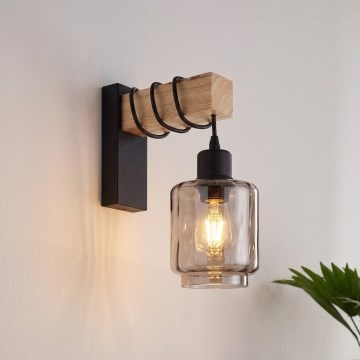 Brilagi - Nástenné svietidlo WOOD GLASS 1xE27/60W/230V borovica/čierna/dymovo-béžová