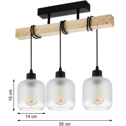 Brilagi - Prisadený luster WOOD GLASS 3xE27/60W/230V borovica/čierna/biela