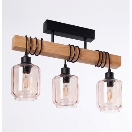 Brilagi - Prisadený luster WOOD GLASS 3xE27/60W/230V borovica/čierna/dýmovo béžová