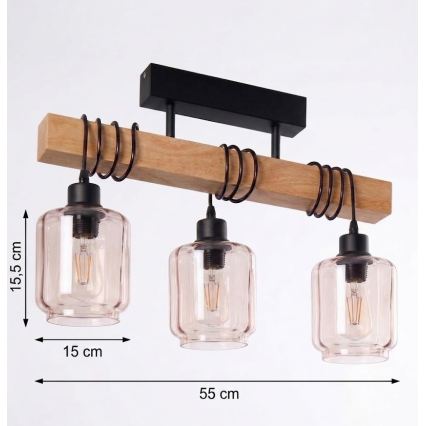 Brilagi - Prisadený luster WOOD GLASS 3xE27/60W/230V borovica/čierna/dýmovo béžová