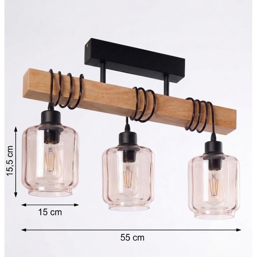 Brilagi - Prisadený luster WOOD GLASS 3xE27/60W/230V borovica/čierna/dýmovo béžová