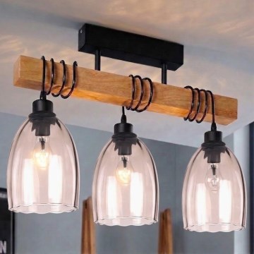 Brilagi - Prisadený luster WOOD GLASS 3xE27/60W/230V borovica/čierna/dymová béžová