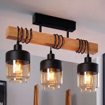 Brilagi - Prisadený luster WOOD GLASS 3xE27/60W/230V borovica/čierna/dýmová hnedá