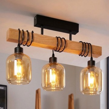 Brilagi - Prisadený luster WOOD GLASS 3xE27/60W/230V borovica/čierna/dymová hnedá