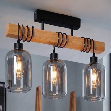 Brilagi - Prisadený luster WOOD GLASS 3xE27/60W/230V borovica/čierna/dymová šedá