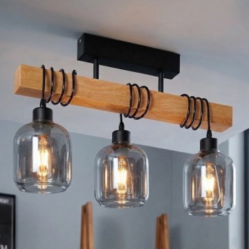 Brilagi - Prisadený luster WOOD GLASS 3xE27/60W/230V borovica/čierna/dymová sivá