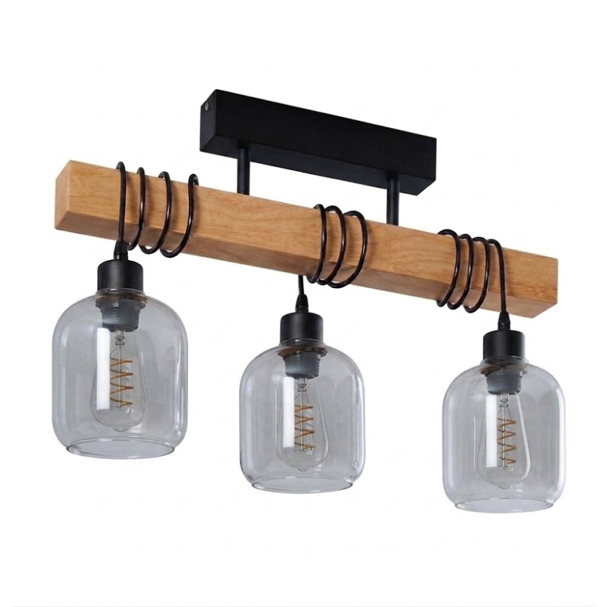 Brilagi - Prisadený luster WOOD GLASS 3xE27/60W/230V borovica/čierna/dymová sivá