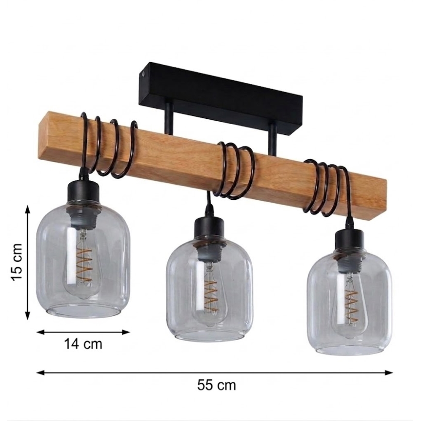 Brilagi - Prisadený luster WOOD GLASS 3xE27/60W/230V borovica/čierna/dymová sivá