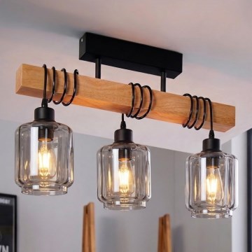 Brilagi - Prisadený luster WOOD GLASS 3xE27/60W/230V borovica/čierna/dýmovo béžová