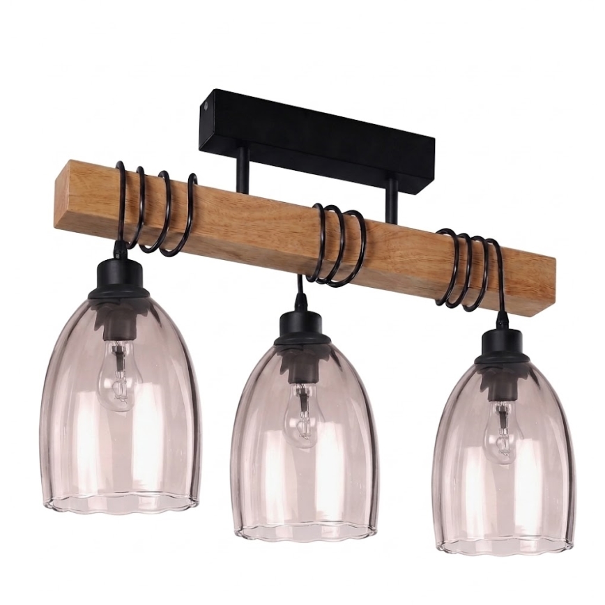 Brilagi - Prisadený luster WOOD GLASS 3xE27/60W/230V borovica/čierna/dymová béžová