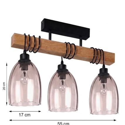 Brilagi - Prisadený luster WOOD GLASS 3xE27/60W/230V borovica/čierna/dymová béžová