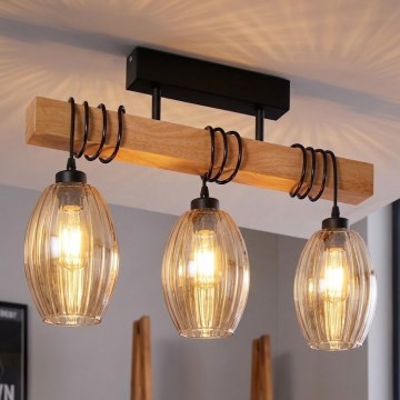 Brilagi - Prisadený luster WOOD GLASS 3xE27/60W/230V borovica/čierna/dymovo-béžová