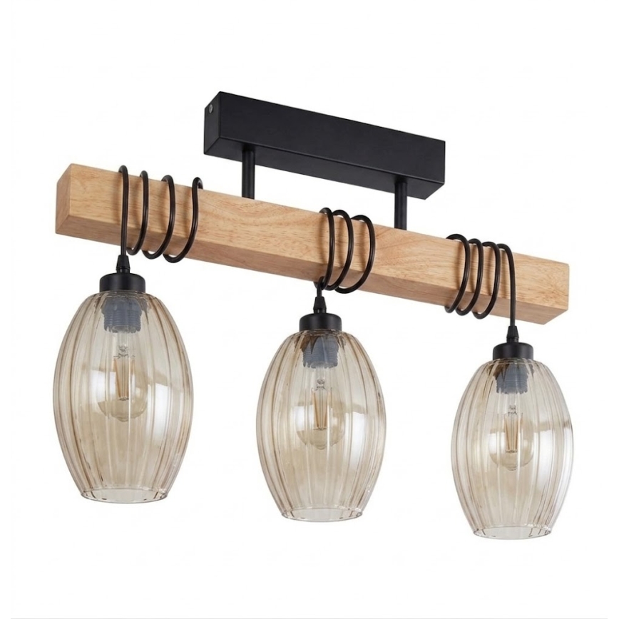 Brilagi - Prisadený luster WOOD GLASS 3xE27/60W/230V borovica/čierna/dymovo-béžová