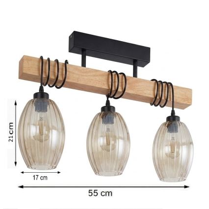 Brilagi - Prisadený luster WOOD GLASS 3xE27/60W/230V borovica/čierna/dymovo-béžová