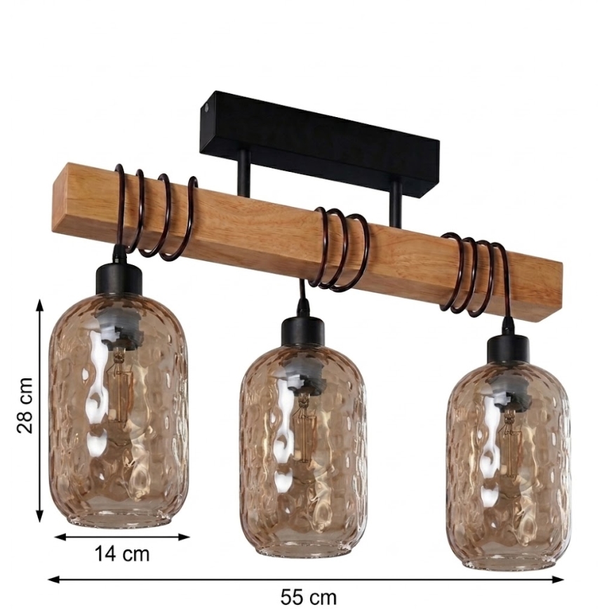 Brilagi - Prisadený luster WOOD GLASS 3xE27/60W/230V borovica/čierna/dymovo-hnedá