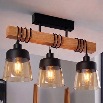 Brilagi - Prisadený luster WOOD GLASS 3xE27/60W/230V borovica/čierna/dymovo-hnedá