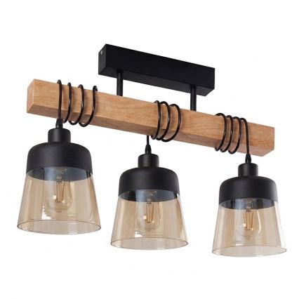 Brilagi - Prisadený luster WOOD GLASS 3xE27/60W/230V borovica/čierna/dymovo-hnedá