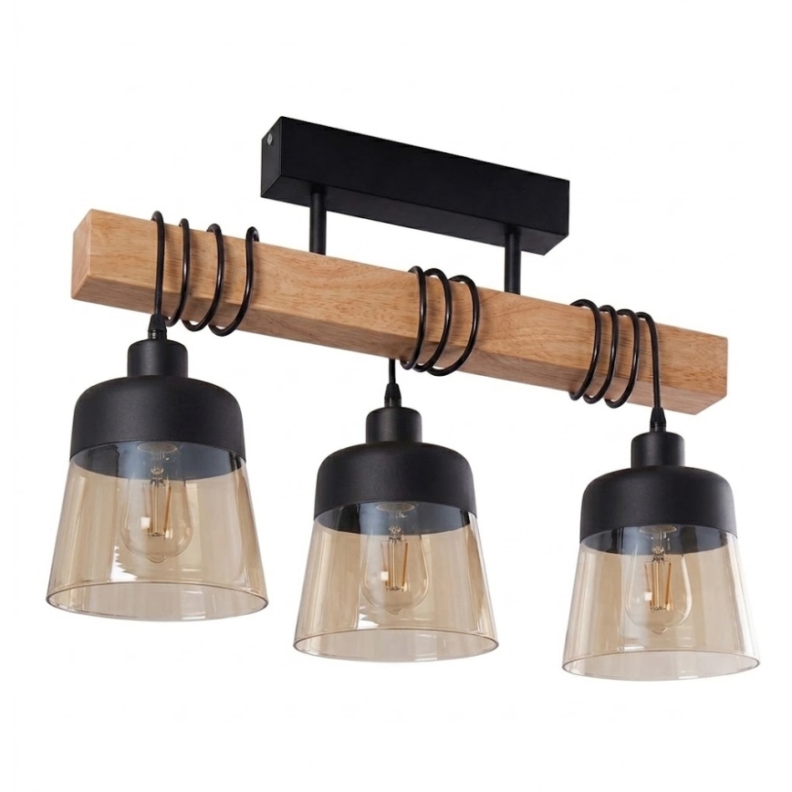 Brilagi - Prisadený luster WOOD GLASS 3xE27/60W/230V borovica/čierna/dymovo-hnedá