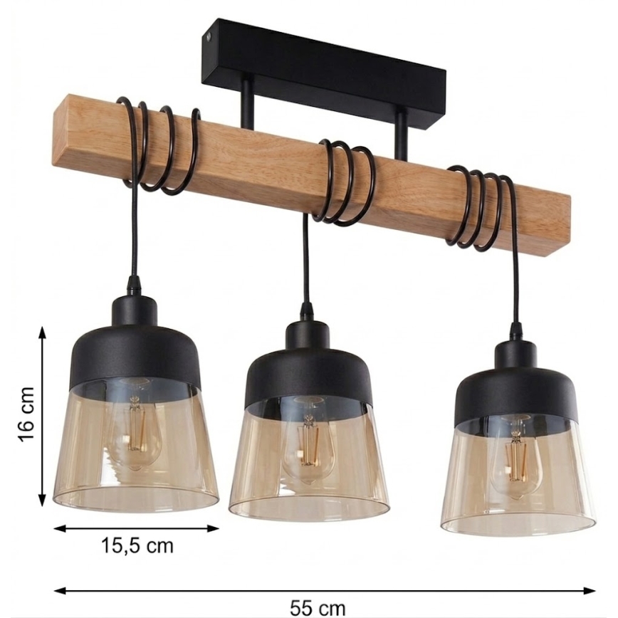Brilagi - Prisadený luster WOOD GLASS 3xE27/60W/230V borovica/čierna/dymovo-hnedá