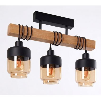 Brilagi - Prisadený luster WOOD GLASS 3xE27/60W/230V borovica/čierna/dýmová hnedá