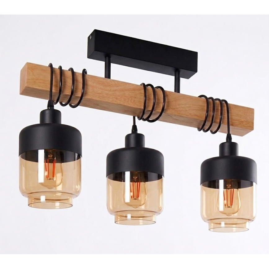 Brilagi - Prisadený luster WOOD GLASS 3xE27/60W/230V borovica/čierna/dýmová hnedá