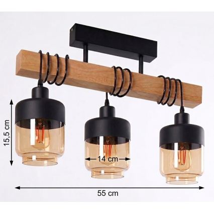 Brilagi - Prisadený luster WOOD GLASS 3xE27/60W/230V borovica/čierna/dýmová hnedá