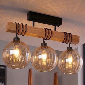 Brilagi - Prisadený luster WOOD GLASS 3xE27/60W/230V borovica/čierna/dymovo-hnedá