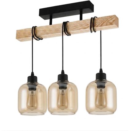 Brilagi - Prisadený luster WOOD GLASS 3xE27/60W/230V borovica/čierna/dymová hnedá