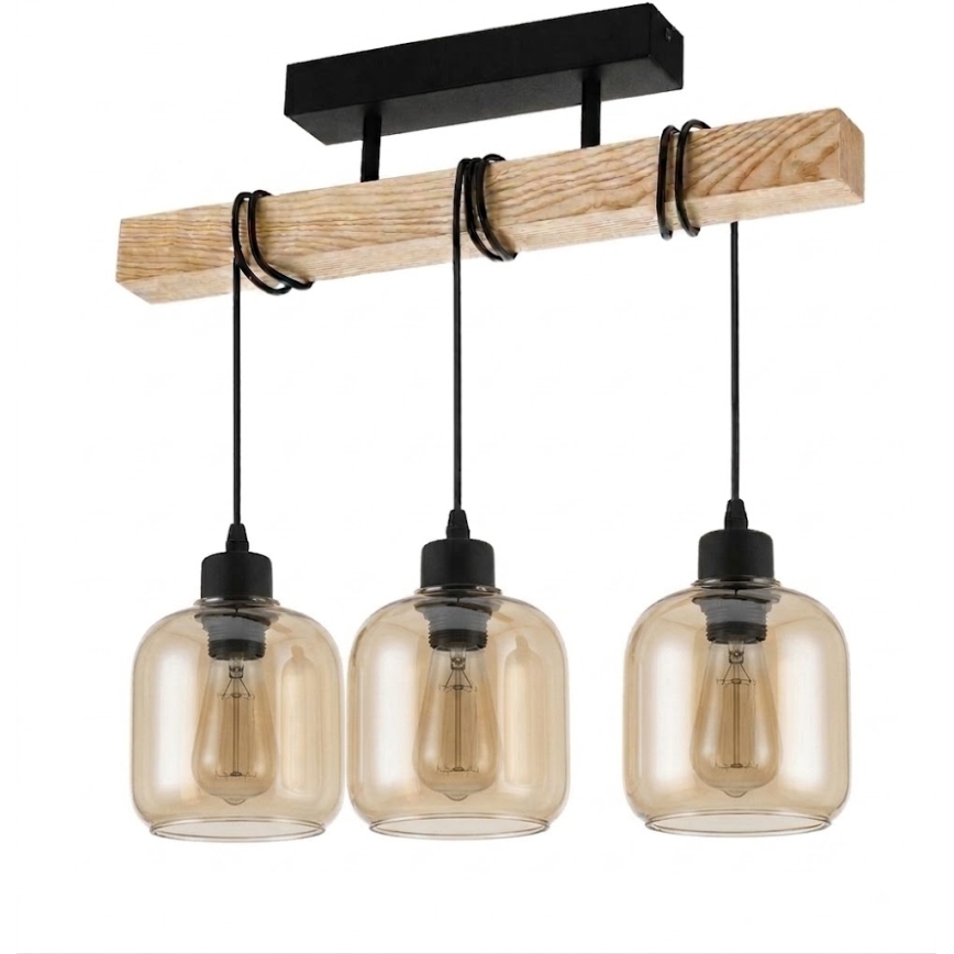 Brilagi - Prisadený luster WOOD GLASS 3xE27/60W/230V borovica/čierna/dymová hnedá