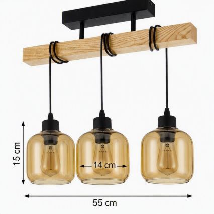 Brilagi - Prisadený luster WOOD GLASS 3xE27/60W/230V borovica/čierna/dymová hnedá