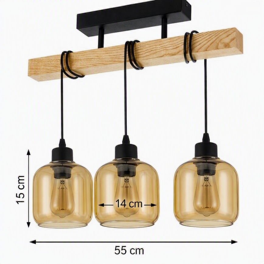 Brilagi - Prisadený luster WOOD GLASS 3xE27/60W/230V borovica/čierna/dymová hnedá