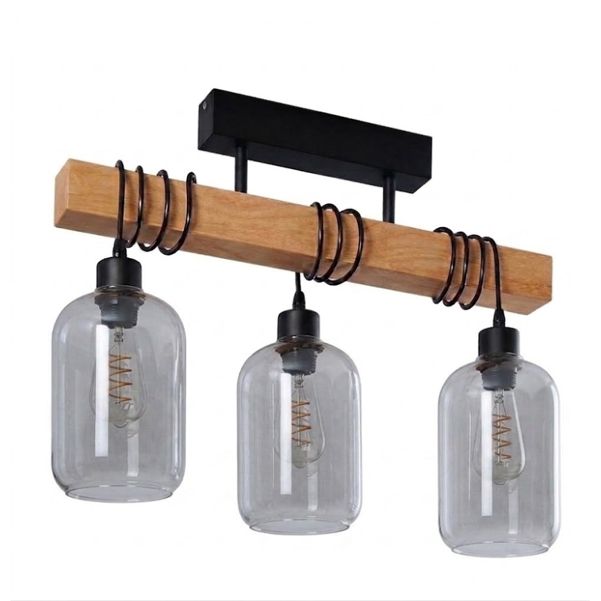 Brilagi - Prisadený luster WOOD GLASS 3xE27/60W/230V borovica/čierna/dymová šedá