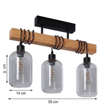 Brilagi - Prisadený luster WOOD GLASS 3xE27/60W/230V borovica/čierna/dymová šedá