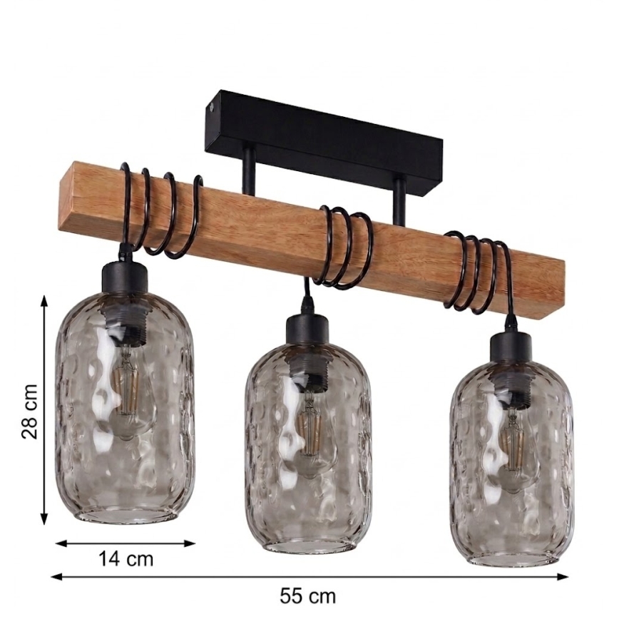 Brilagi - Prisadený luster WOOD GLASS 3xE27/60W/230V borovica/čierna/dymová sivá