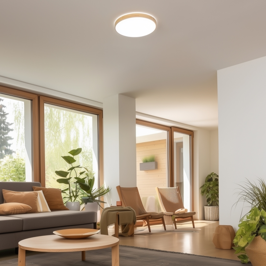 Stropné svetlo svieti v obývacej izbe. Moderný nábytok je rozmiestnený okolo konferenčného stolíka pri oknách s výhľadom na záhradu.