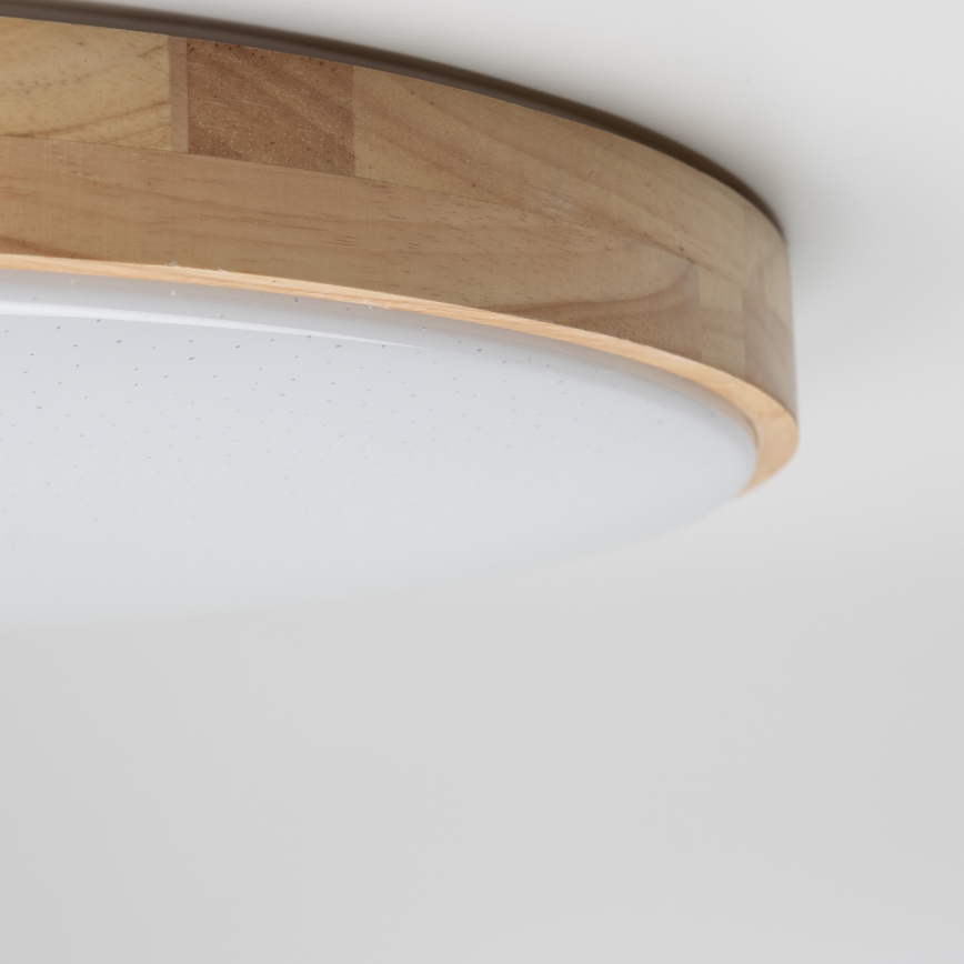 Svietidlo je pripevnené k stropu. Má okrúhly tvar s bielym difúzorom a dreveným rámom. Svietidlo je osvetľovacím telesom v interiéri.