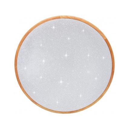 Okrúhle stropné svetlo s dreveným rámom a sivým tienidlom, ktoré je osvetlené malými svetelnými bodmi, imitujúcimi hviezdy.