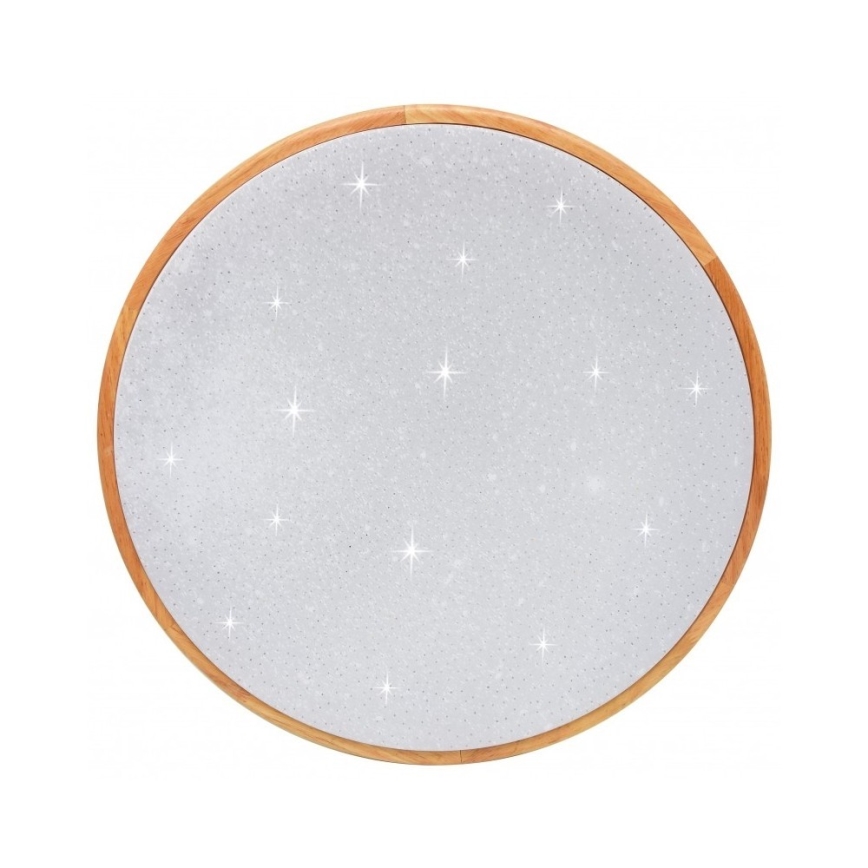Okrúhle stropné svetlo s dreveným rámom a sivým tienidlom, ktoré je osvetlené malými svetelnými bodmi, imitujúcimi hviezdy.