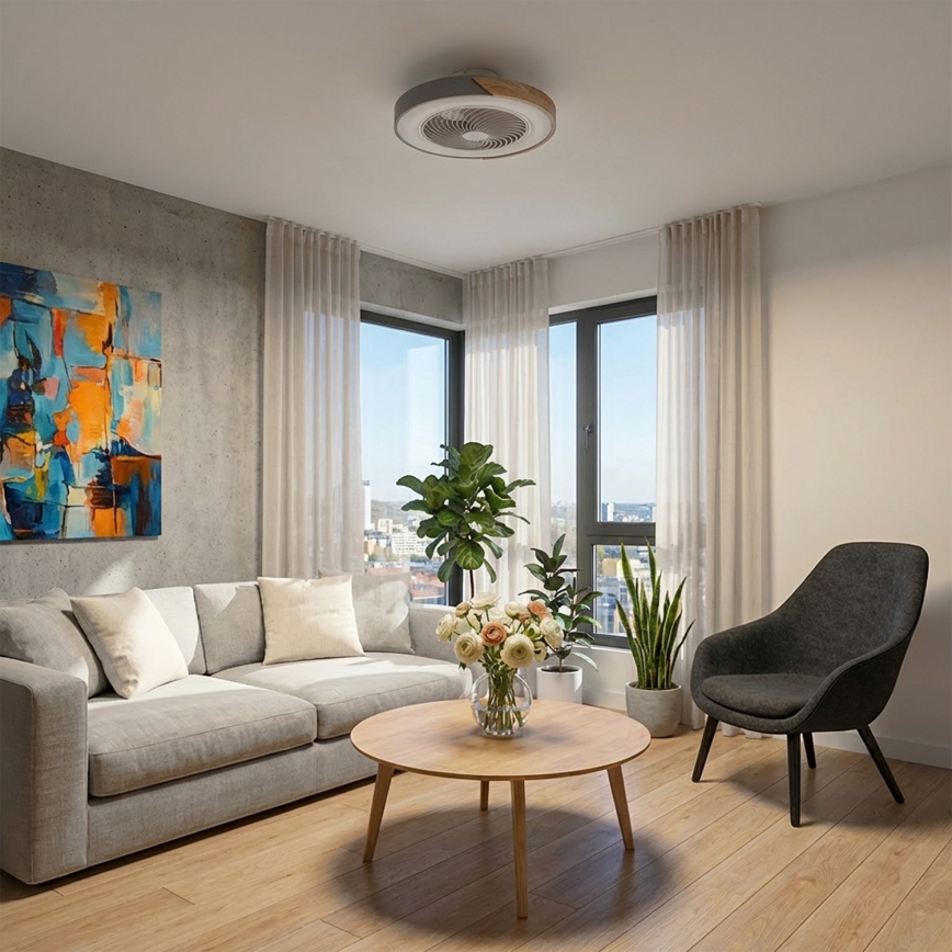 Brilagi - LED stmievateľné stropné svietidlo s ventilátorom LED/38W/230V 3000-6500K pr. 50 cm šedá/dub + diaľkové ovládanie