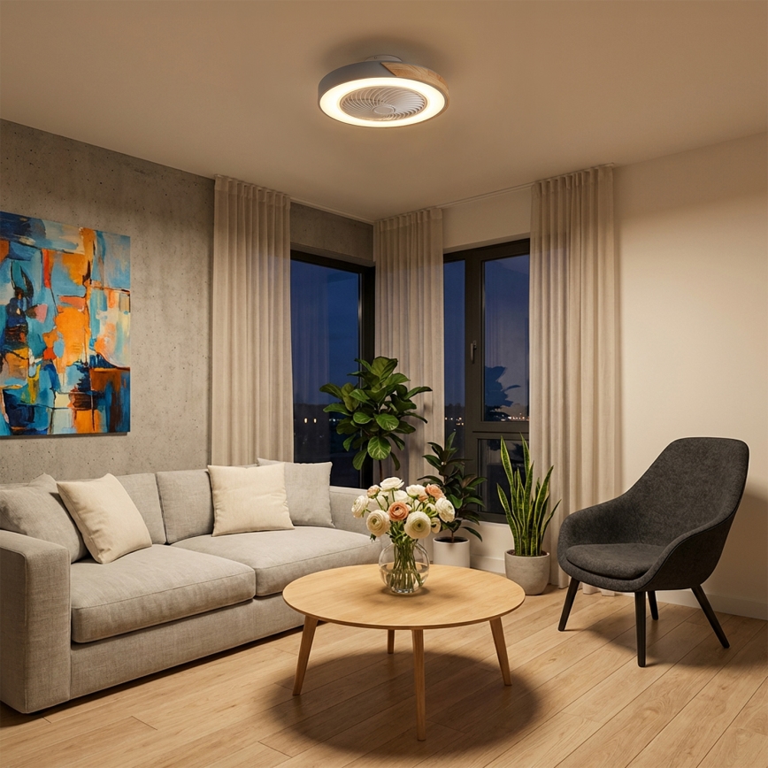 Brilagi - LED stmievateľné stropné svietidlo s ventilátorom LED/38W/230V 3000-6500K pr. 50 cm šedá/dub + diaľkové ovládanie