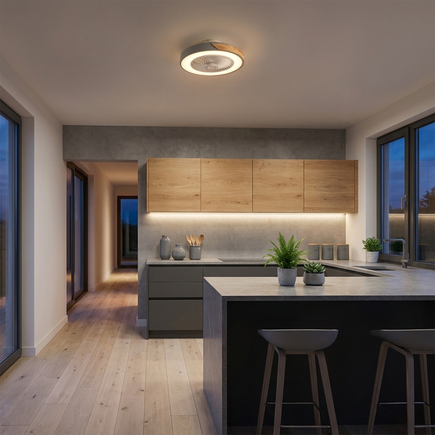 Brilagi - LED stmievateľné stropné svietidlo s ventilátorom LED/38W/230V 3000-6500K pr. 50 cm šedá/dub + diaľkové ovládanie