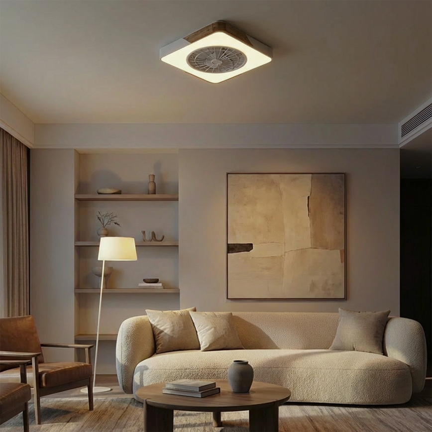 Brilagi - LED stmievateľné stropné svietidlo s ventilátorom LED/38W/230V 3000-6500K 50x50 cm biela/dub + diaľkové ovládanie