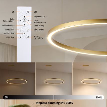 Brilagi - LED Stmievateľný závesný luster na lanku PORTOFINO LED/60W/230V 3000-6000K pr. 80 cm zlatý + diaľkové ovládanie