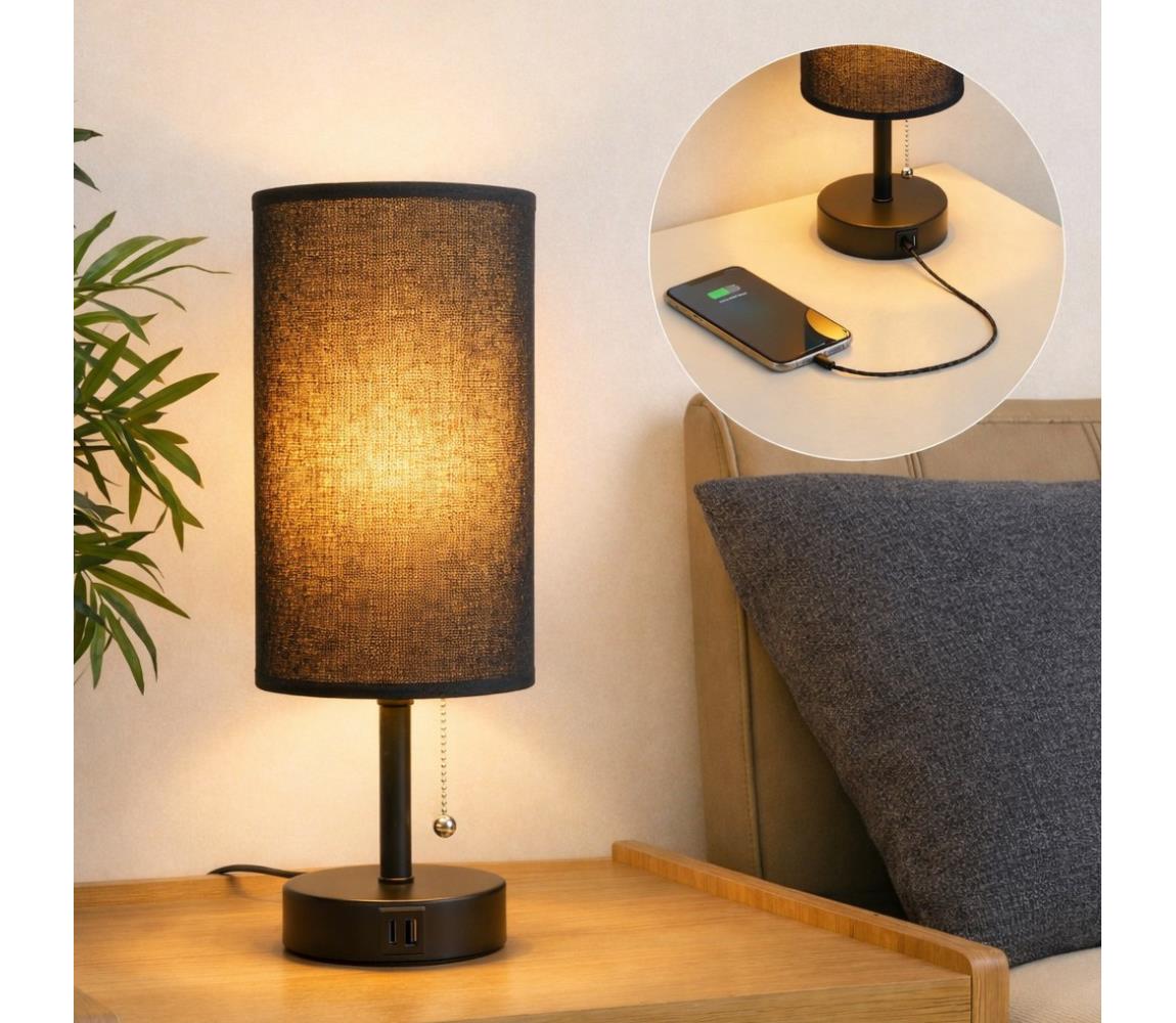 Brilagi - Stolná lampa s USB portom TABLON 1xE27/25W/230V čierna BG3666+BG3682