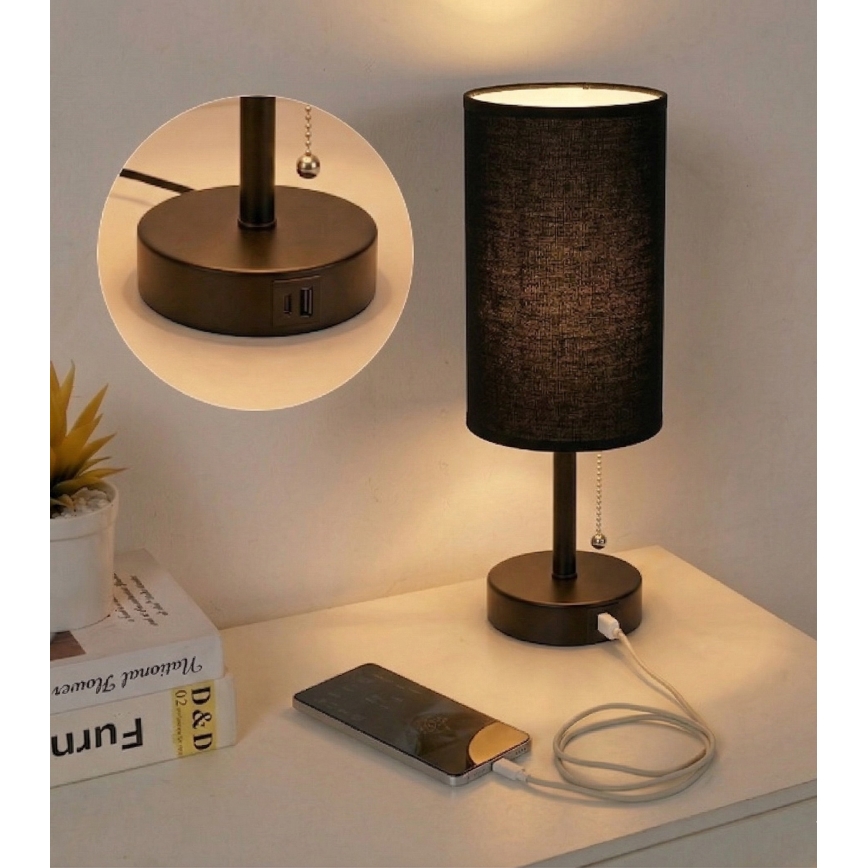 Brilagi - Stolná lampa s USB portom TABLON 1xE27/25W/230V čierna