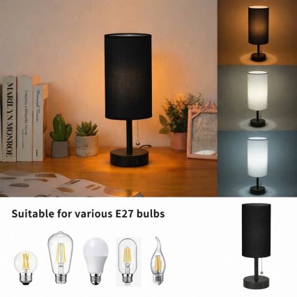 Brilagi - Stolná lampa s USB portom TABLON 1xE27/25W/230V čierna