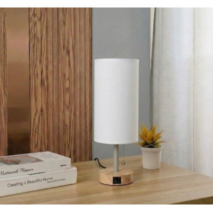 Brilagi - Stolná lampa s USB portom TABLON 1xE27/25W/230V dub/béžová/biela