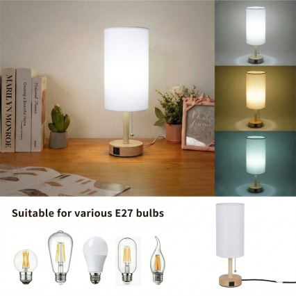 Brilagi - Stolná lampa s USB portom TABLON 1xE27/25W/230V dub/béžová/biela