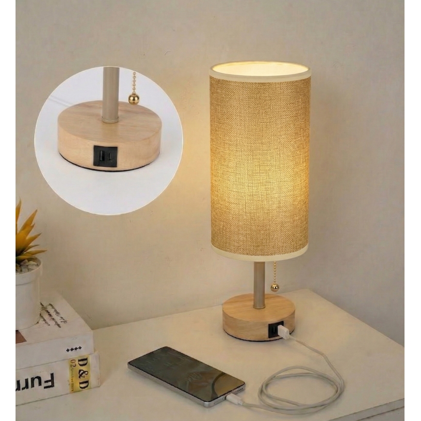 Brilagi - Stolná lampa s USB portom TABLON 1xE27/25W/230V dub/béžová