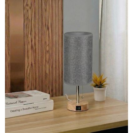 Brilagi - Stolná lampa s USB portom TABLON 1xE27/25W/230V dub/béžová/sivá